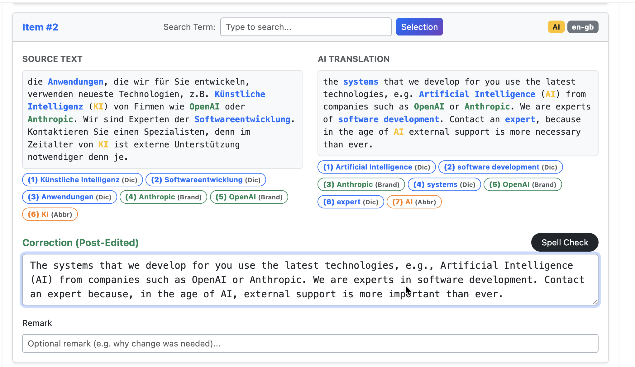 AI translation output with dictionary, brand, and abbreviation matches highlighted, alongside a post-edited correction field